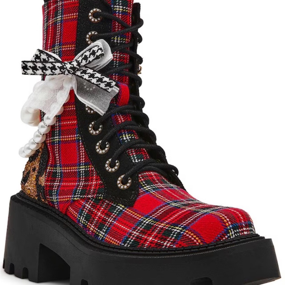 Betsey Johnson Red Plaid Combat Boots with Bow and Pearl Accents